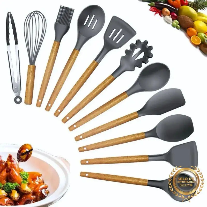 Conjunto de Cozinha Premium: 12 Peças de Silicone + Utensílios e Suporte para Copo