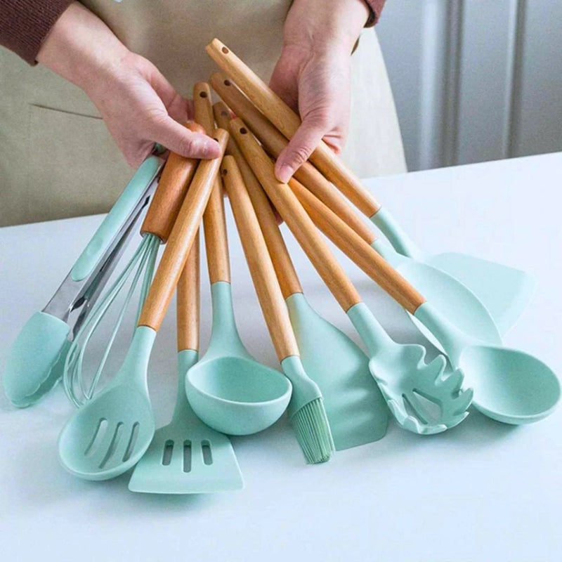 Conjunto de Cozinha Premium: 12 Peças de Silicone + Utensílios e Suporte para Copo