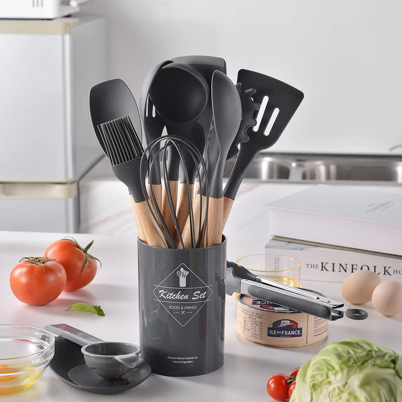 Conjunto de Cozinha Premium: 12 Peças de Silicone + Utensílios e Suporte para Copo