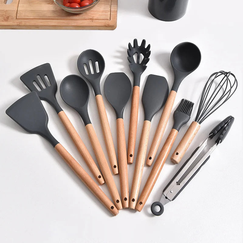 Conjunto de Cozinha Premium: 12 Peças de Silicone + Utensílios e Suporte para Copo