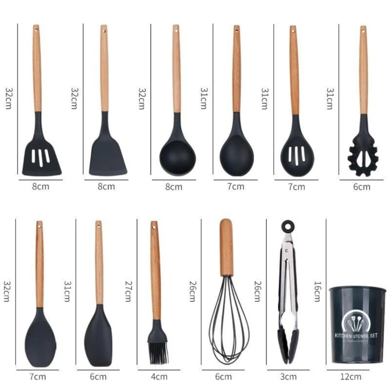 Conjunto de Cozinha Premium: 12 Peças de Silicone + Utensílios e Suporte para Copo