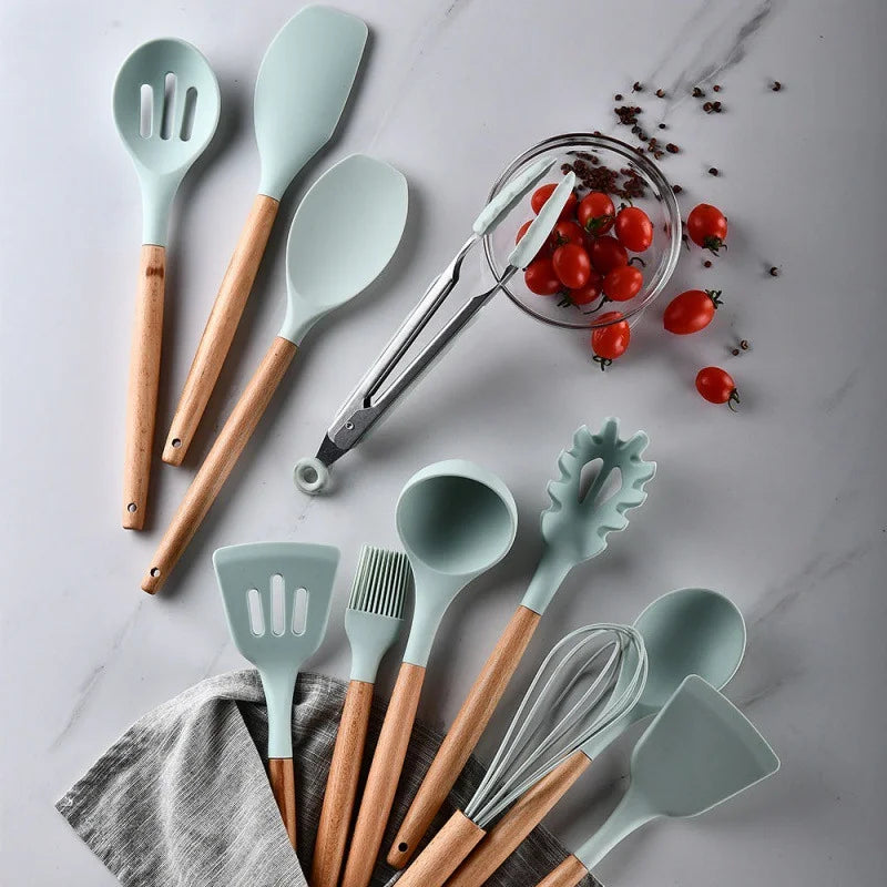 Conjunto de Cozinha Premium: 12 Peças de Silicone + Utensílios e Suporte para Copo