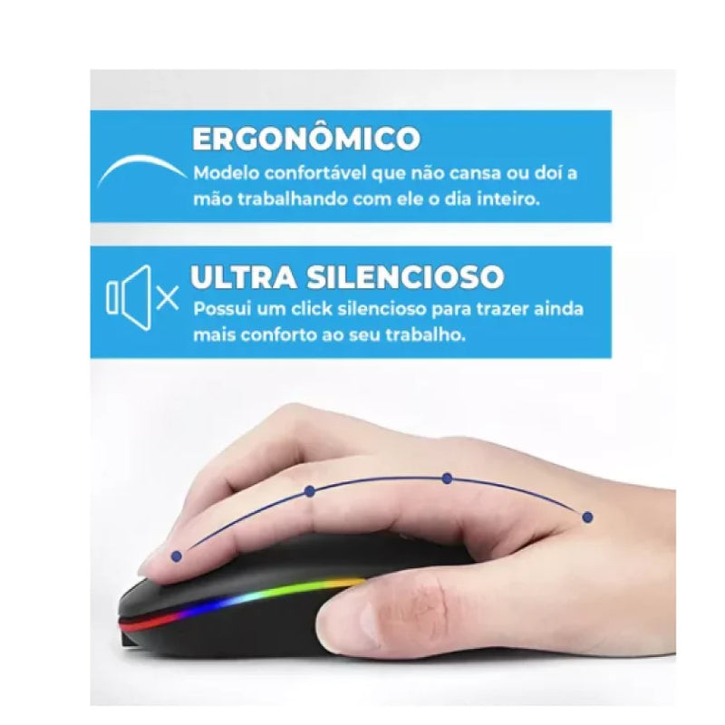 SilentGlide RGB - Mouse Sem Fio Recarregável com Click Silencioso e Iluminação LED RGB"