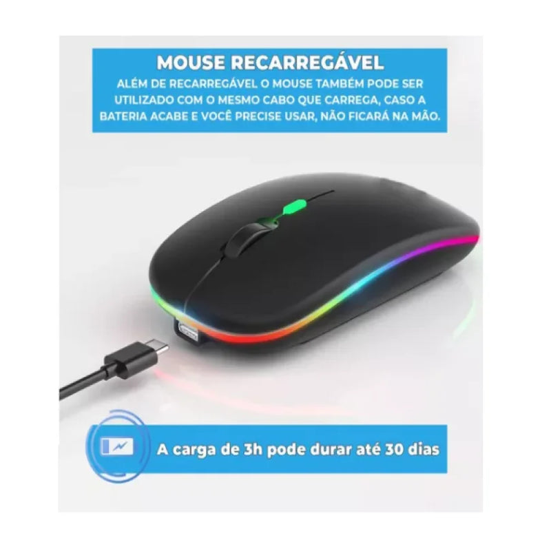 SilentGlide RGB - Mouse Sem Fio Recarregável com Click Silencioso e Iluminação LED RGB"